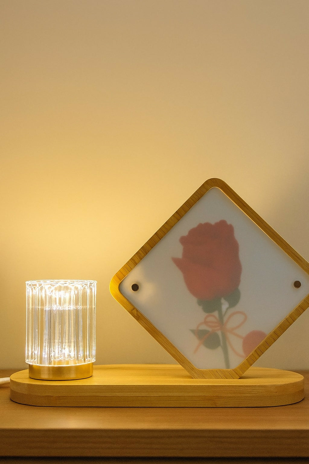 Romantic Wooden LED Night Lamp with Rose Print – Decorative Table Lamp with Soft Ambient Light for Bedroom, Living Room & Gifting – Modern Rose Design Bedside Lamp for Couples & Home Decor