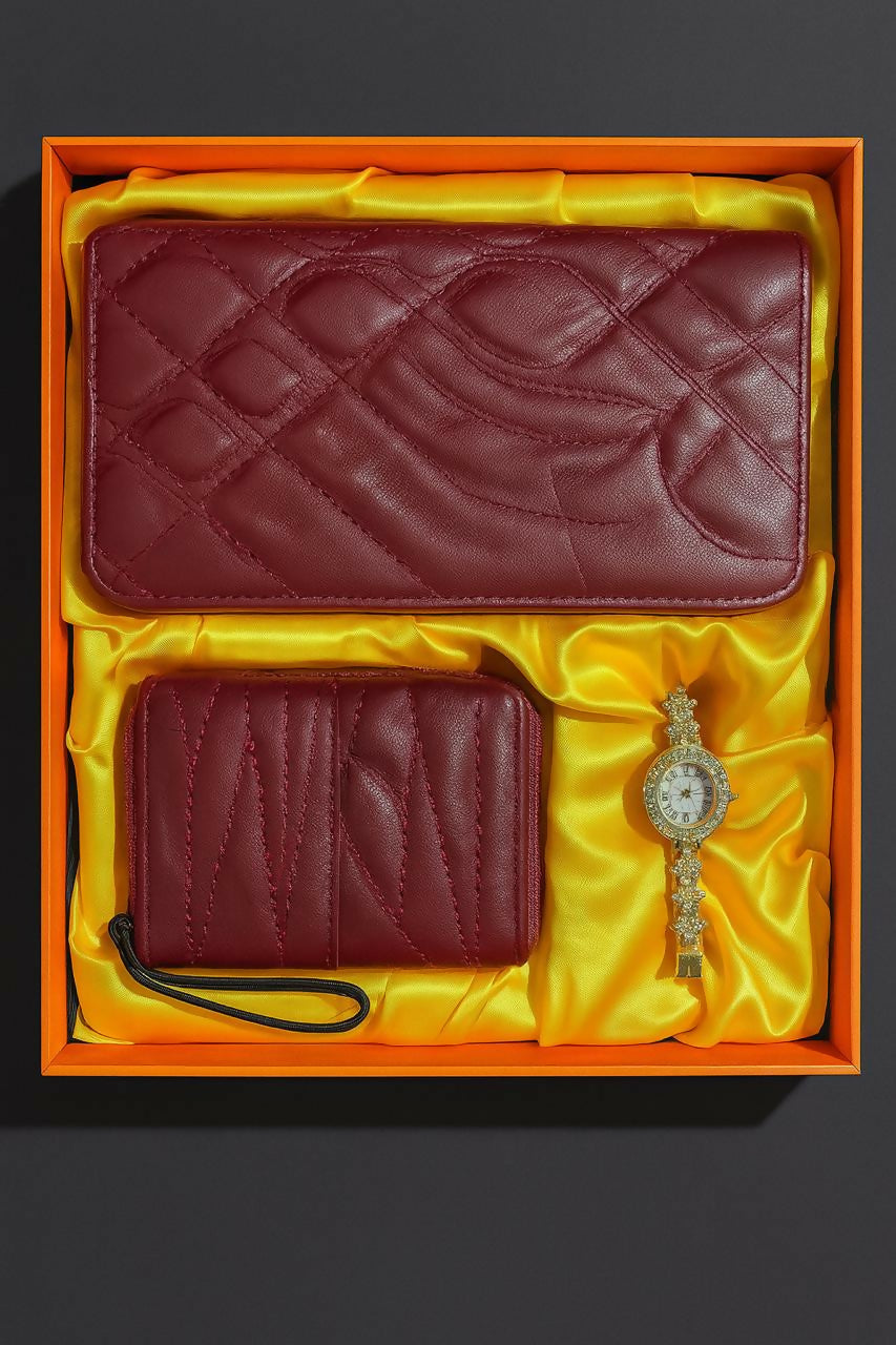Women’s Luxury Maroon Gift Set – Designer Long Wallet, Mini Pouch & Diamond-Studded Elegant Watch Combo in Premium Box