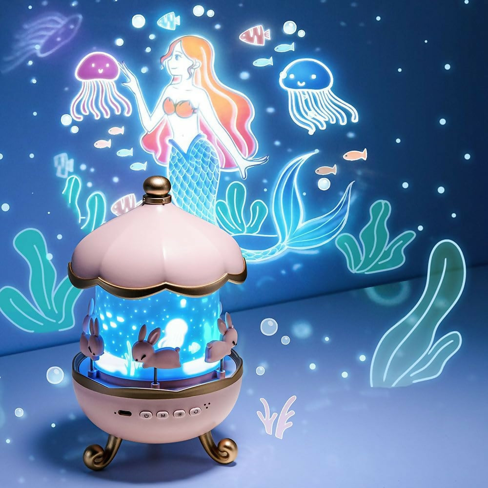 Rotating Christmas Night Light Projector with Music & Light Buttons – Rechargeable LED Santa & Deer Carousel Lamp with Type-C Charging, Power Indicator, and 360° Rotation – Festive Gift for Kids & Home Decor