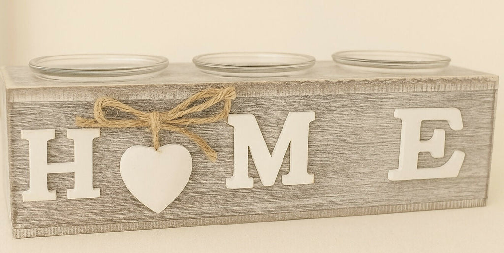 Rustic Wooden 'HOME' Tealight Candle Holder with Glass Cups – Farmhouse Style Decorative Centerpiece with Jute Bow and Heart Accent – Tabletop Decor for Living Room, Entryway, Mantel, or Housewarming Gift 3 candles