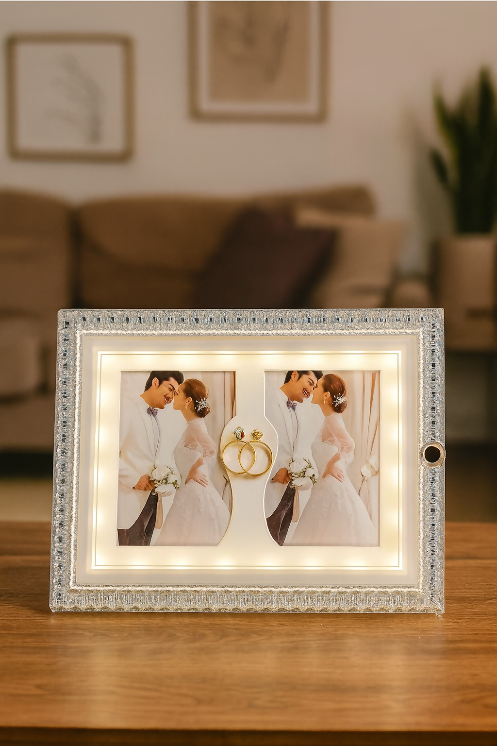 Crystal LED Wedding Photo Frame with Dual Photo Slots & Golden Ring Accent | Luxury Sparkling Diamond-Cut Border | Light-Up Decorative Frame for Couples, Anniversary, Wedding & Romantic Gifts