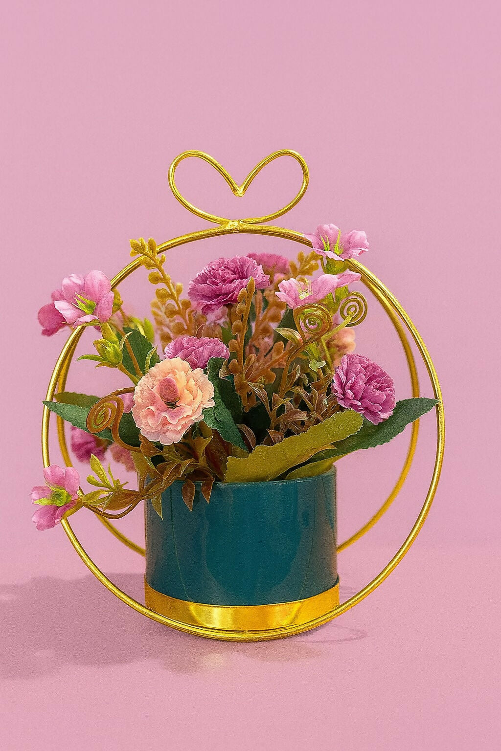 Artificial Flower Pot with Golden Metal Frame & Ceramic Planter | Decorative Pink & Purple Faux Floral Arrangement for Home, Office, Bedroom & Living Room Décor | Elegant Gift for Housewarming, Anniversary & Festivals