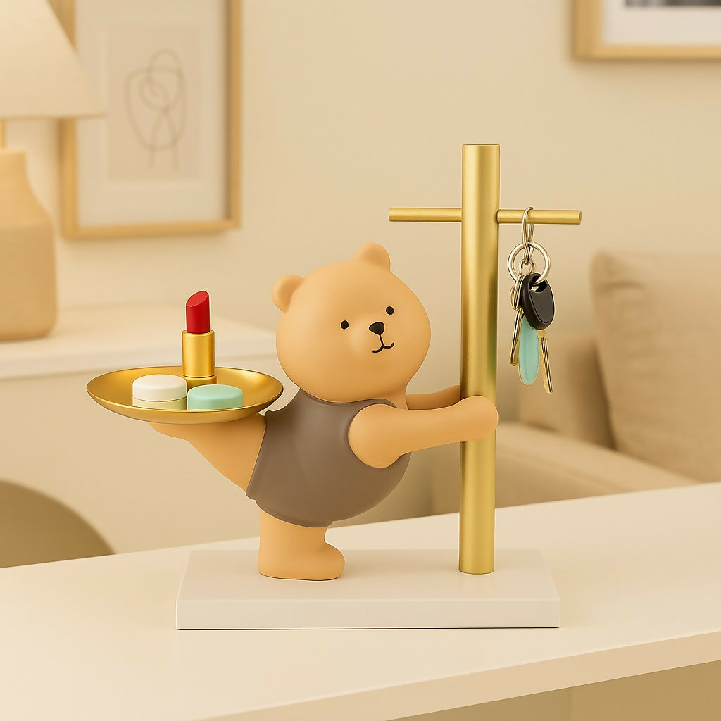 HOME DECOR Cute Bear Pole Key Holder with Multipurpose Tray | Resin Decorative Organizer for Keys, Lipstick, Coins & Accessories – Ideal for Entryway, Living Room & Office Table Décor