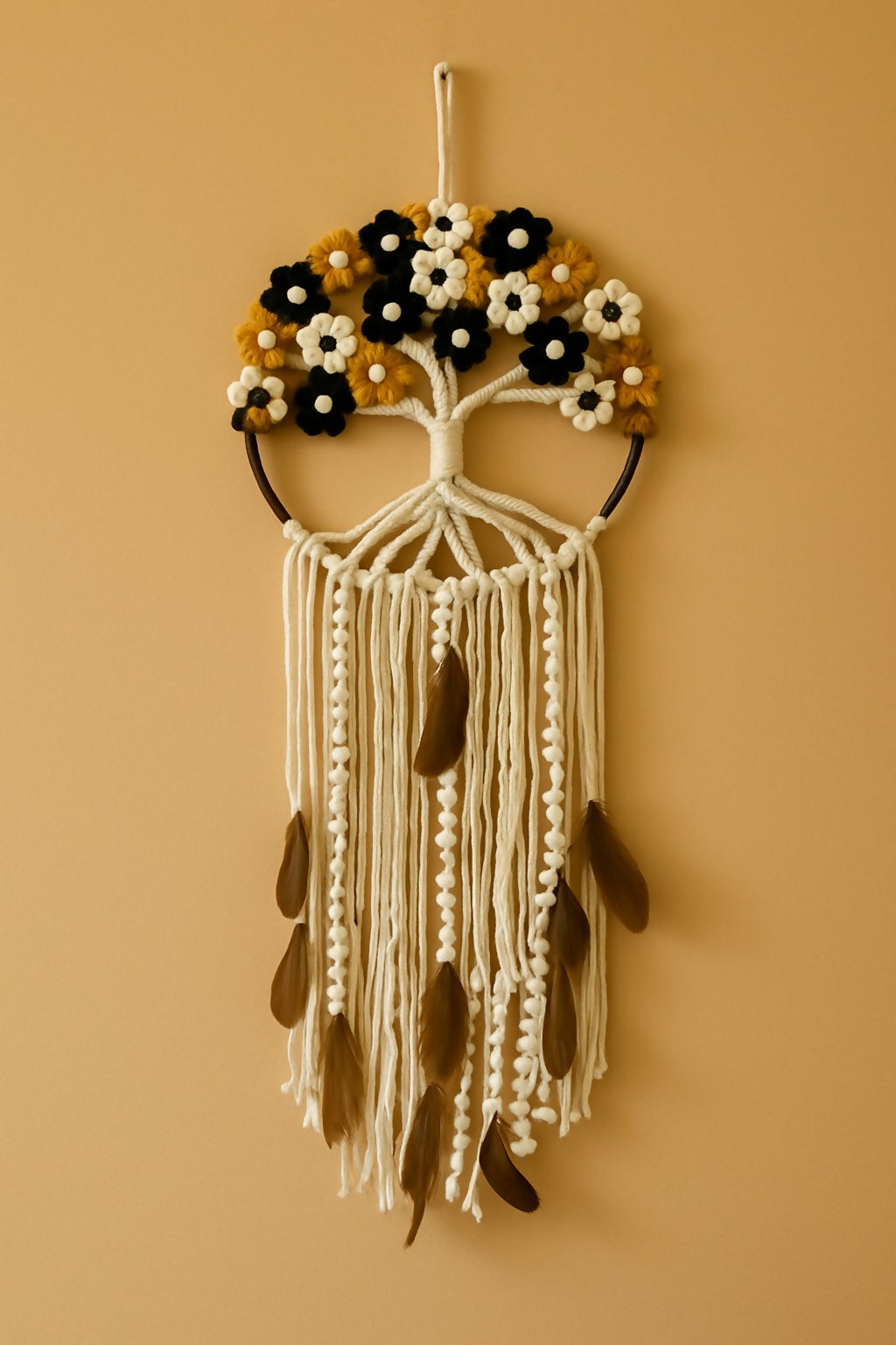 HOME DECOR Handmade Macrame Tree of Life Dreamcatcher Wall Hanging – Cotton Yarn Floral Boho Decor with Feathers and Tassels for Living Room, Bedroom, Balcony & Gifting
