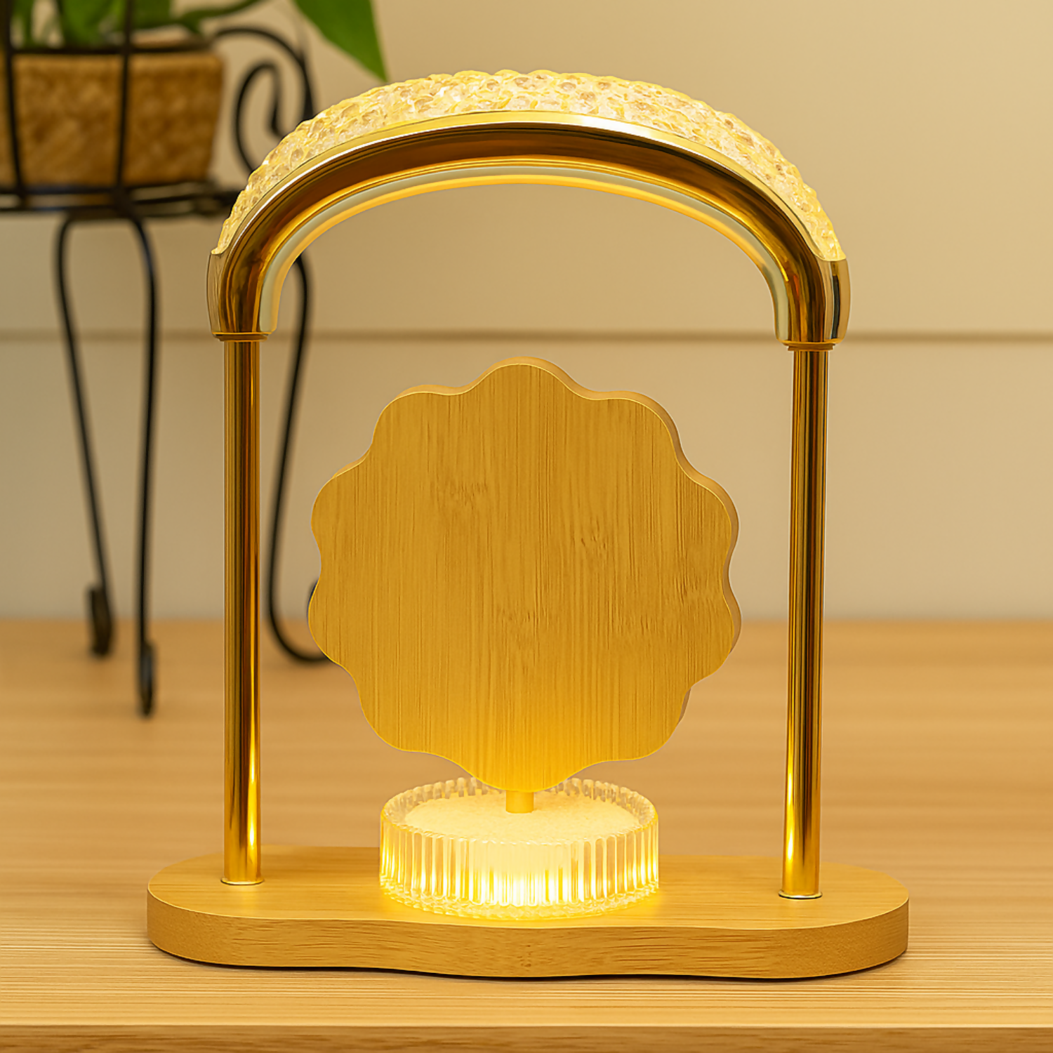 Golden Crystal LED Table Lamp with Rotating Photo Frame | Decorative Heart Shape Lamp with Flower Print & Wooden Base | Modern Home Decor Night Light for Bedroom, Living Room & Gifting