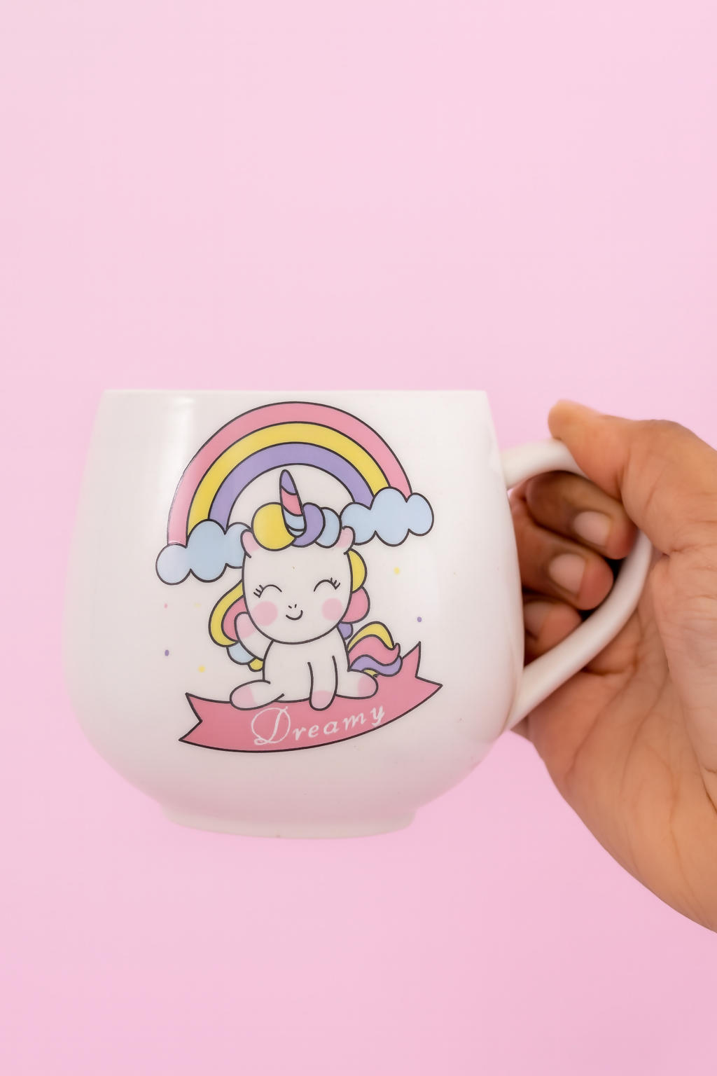 Dreamy Unicorn Coffee Mug with Rainbow & Clouds Print | Cute Ceramic Milk Mug for Kids, Girls, Birthday Gift & Office Desk | Large Capacity Tea Cup with Pastel Pink Background | Fun Cartoon Design