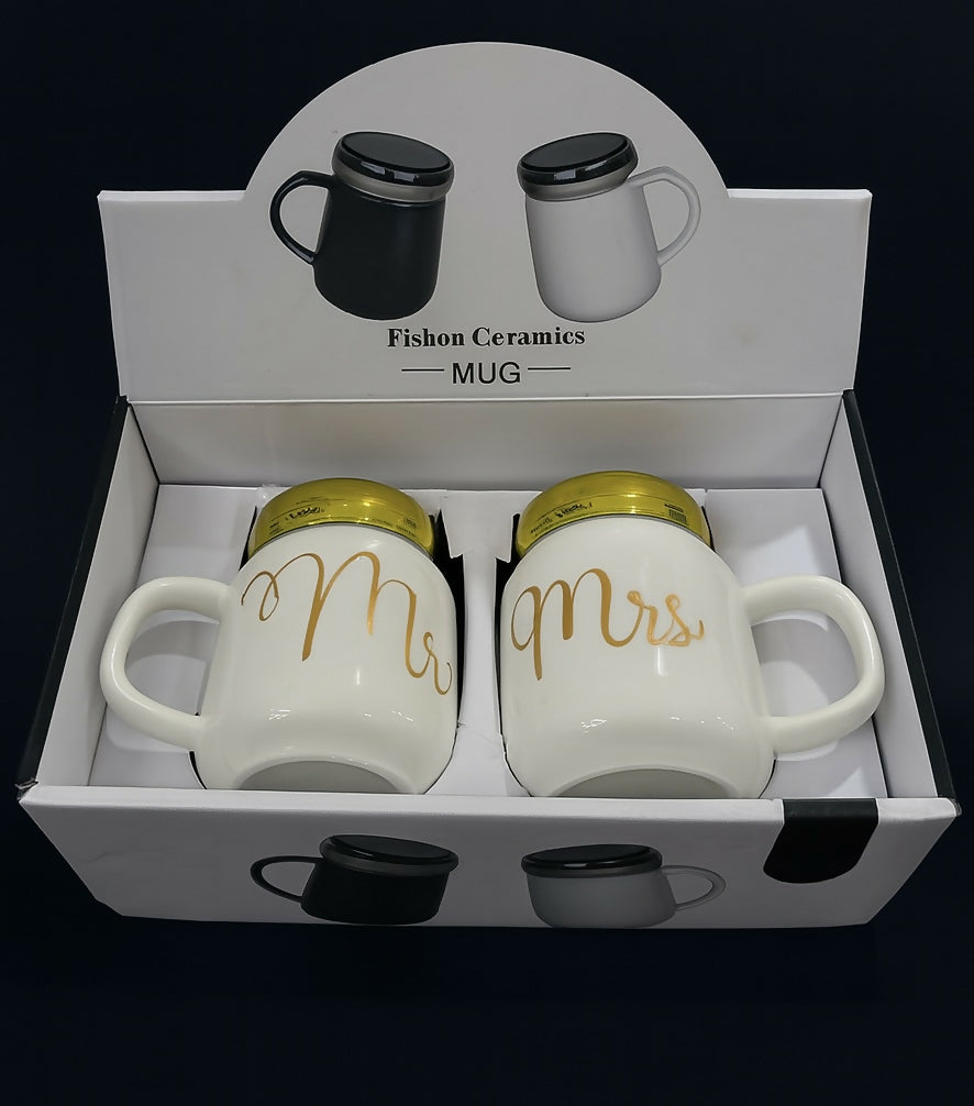 Mr and Mrs Ceramic Mug Set with Golden Lids – White Couple Coffee Mugs in Gift Box – Romantic His and Her Tea Cups by Fishon Ceramics – Wedding Anniversary Engagement Gift Set