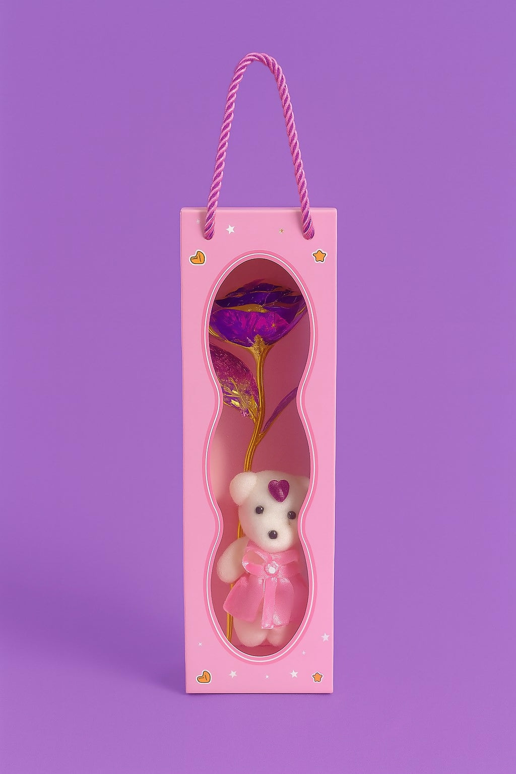 Luxury Gift Set of 6 Artificial Rose with Cute Teddy in Designer Pink Box – Multicolor Golden Foil Flower & Plush Bear Combo for Valentine’s Day, Birthday, Anniversary & Romantic Gifting