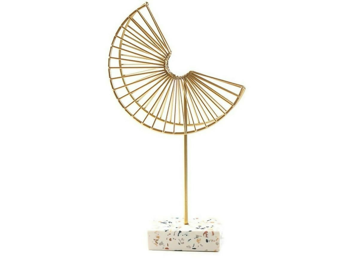 HOME DECOR Modern Golden Metal Geometric Fan Sculpture with Marble Base | Abstract Spiral Decorative Showpiece for Home, Office, or Living Room – Contemporary Art Decor Piece