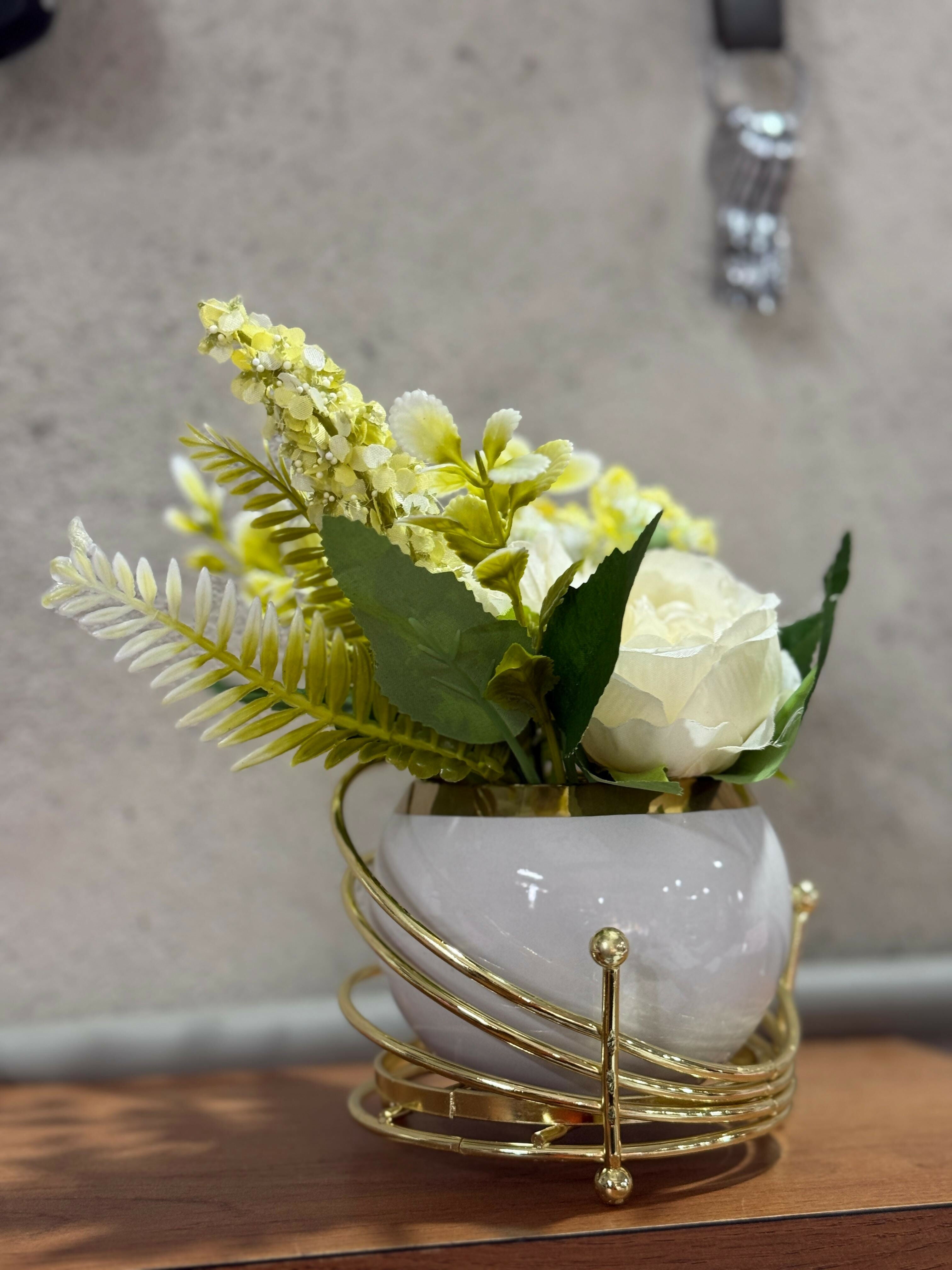 Elegant Artificial White Rose & Yellow Flower Arrangement in White Ceramic Pot with Golden Metal Stand – Faux Floral Centerpiece for Home, Office, Tabletop & Gifting