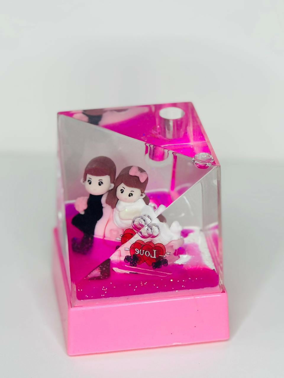 BlushLove Crystal Cube Acrylic Liquid Motion Teddy Love Sign Block | Valentine's Day Gift | Romantic Desk Showpiece | Clear Decorative Display with Floating Glitter