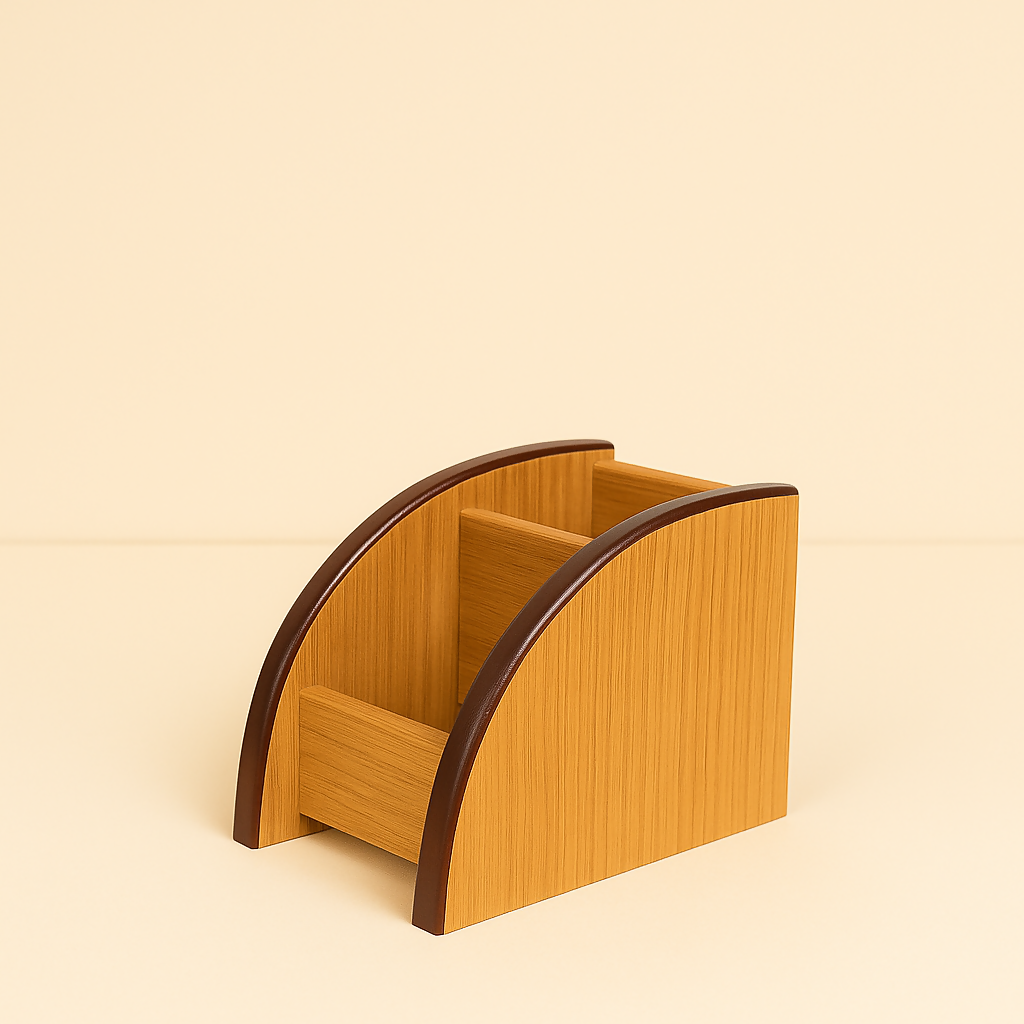 Premium Wooden Desk Organizer with 3 Compartments – Office Tabletop Storage Caddy for Pens, Remotes, Stationery, and Accessories – Elegant Brown Finish with Curved Side Design