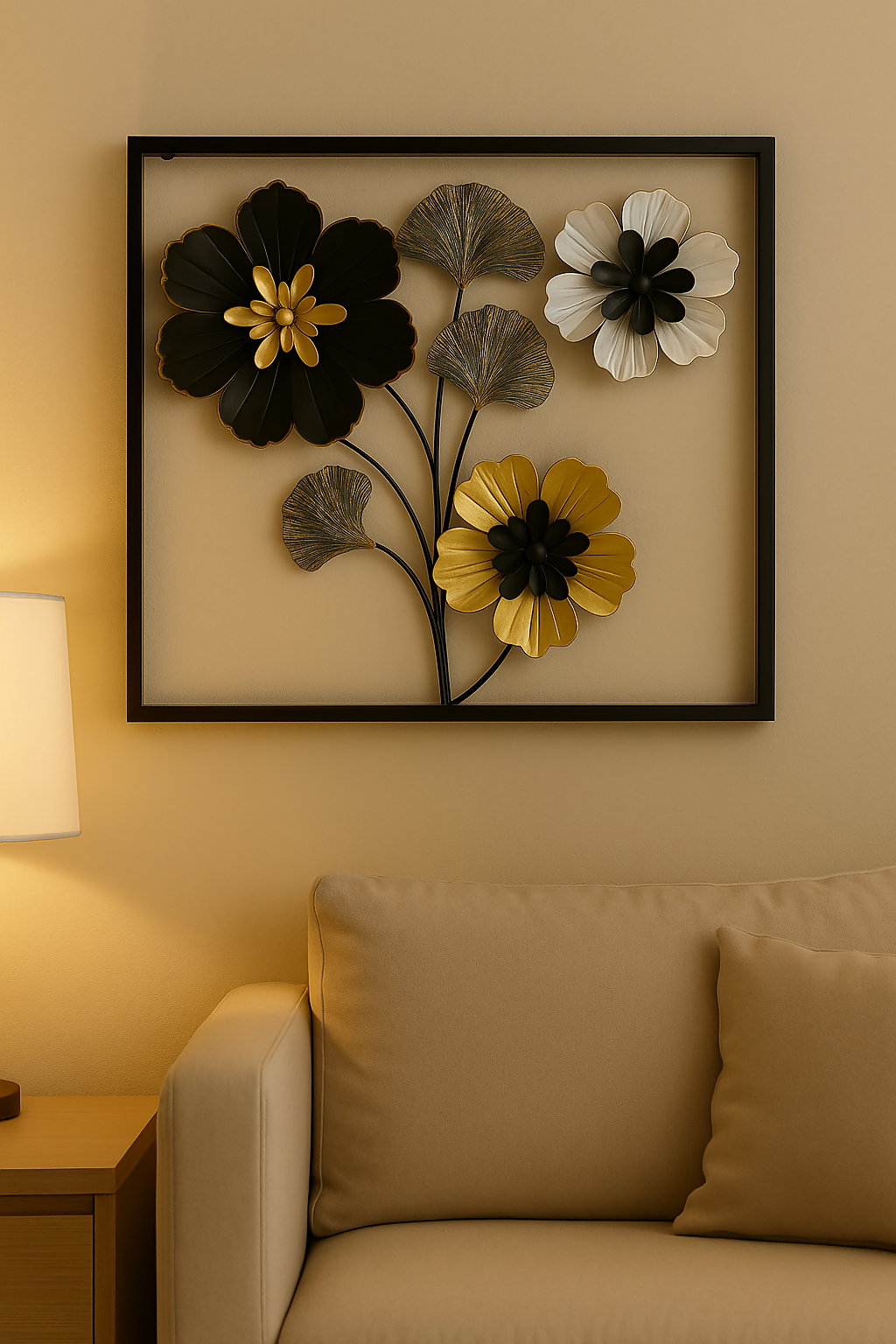 HOME DECOR Elegant Metal Floral Wall Art – Black, Gold & White 3D Flower Frame Décor