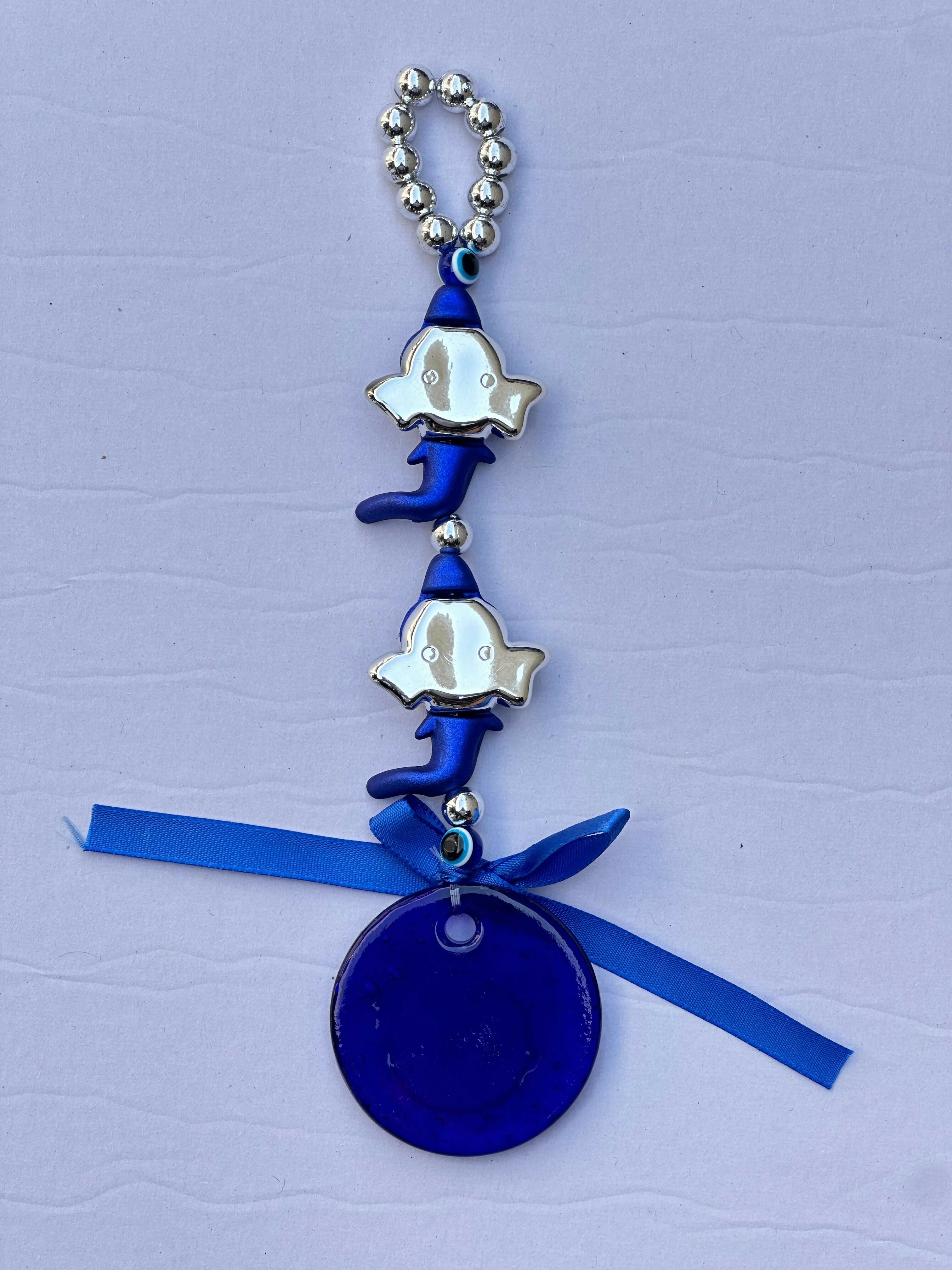Blue Evil Eye Hanging Charm with Twin ganesh Design and Decorative Bow – Nazar Protection Wall Hanging Amulet for Home, Office, or Car – Traditional Turkish Good Luck Talisman Ornament for Positive Energy and Warding Off Negativity