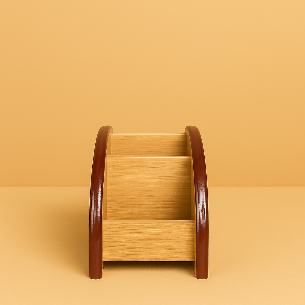 Premium Wooden Desk Organizer with 3 Compartments – Office Tabletop Storage Caddy for Pens, Remotes, Stationery, and Accessories – Elegant Brown Finish with Curved Side Design