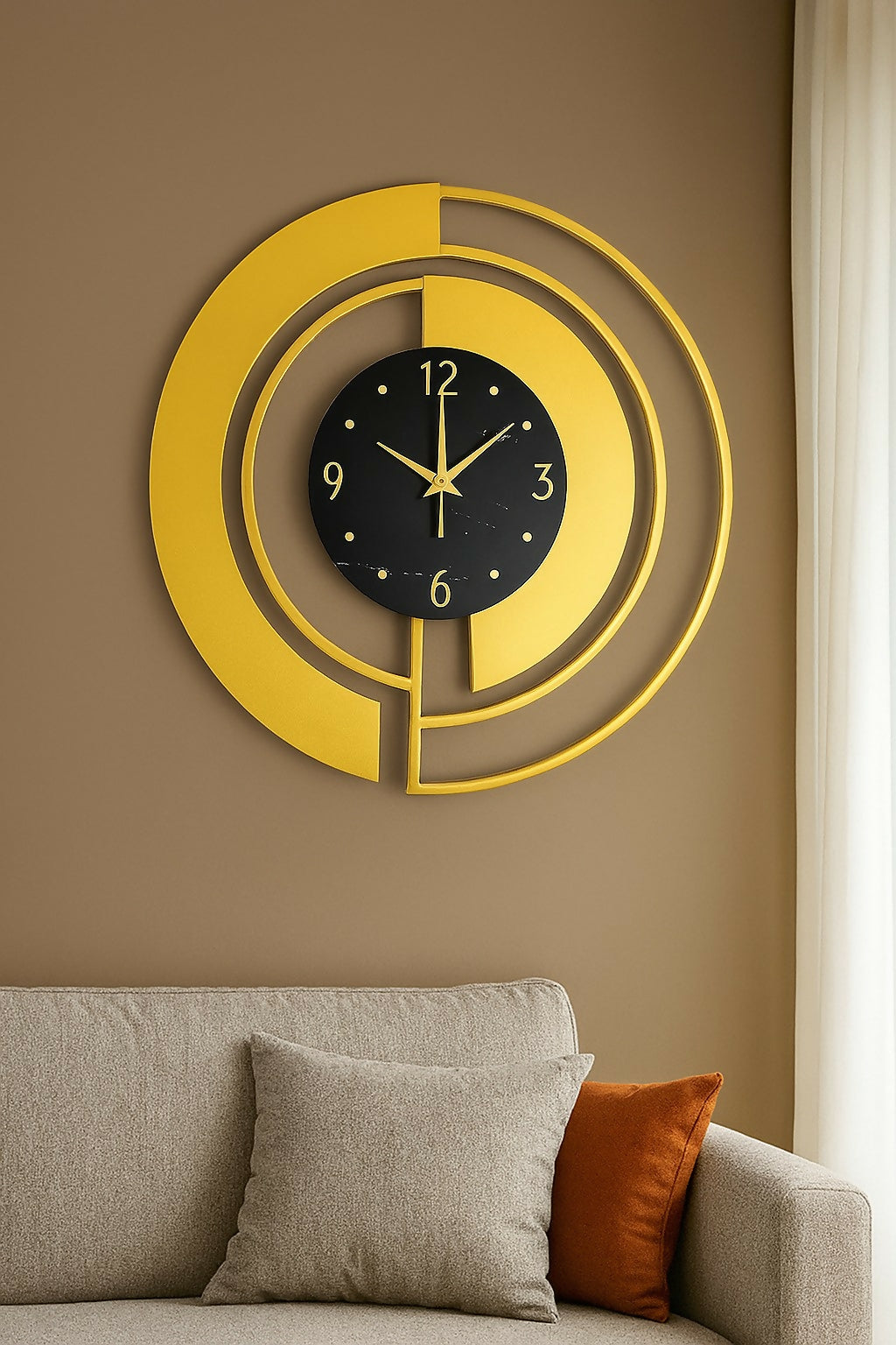 HOME DECOR Luxury Gold & Black Designer Wall Clock – Modern Metal Circular Wall Clock with Abstract Cutout Design – Silent Quartz Decorative Clock for Living Room, Office & Premium Home Decor