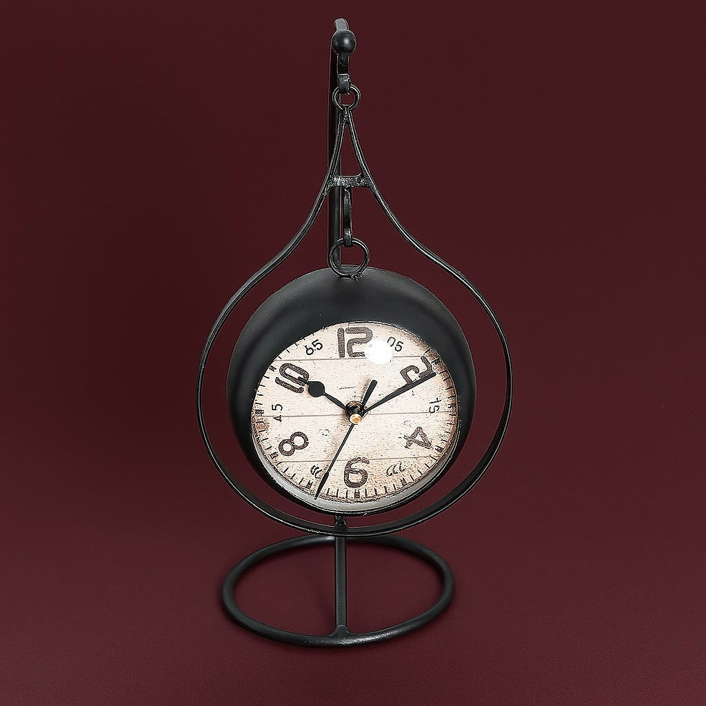 HOME DECOR Antique Hanging Table Clock with Iron Stand – Vintage Style Desk Clock with Rustic Black Frame and Classic Analog Dial – Decorative Timepiece for Home, Office, Living Room & Gifting