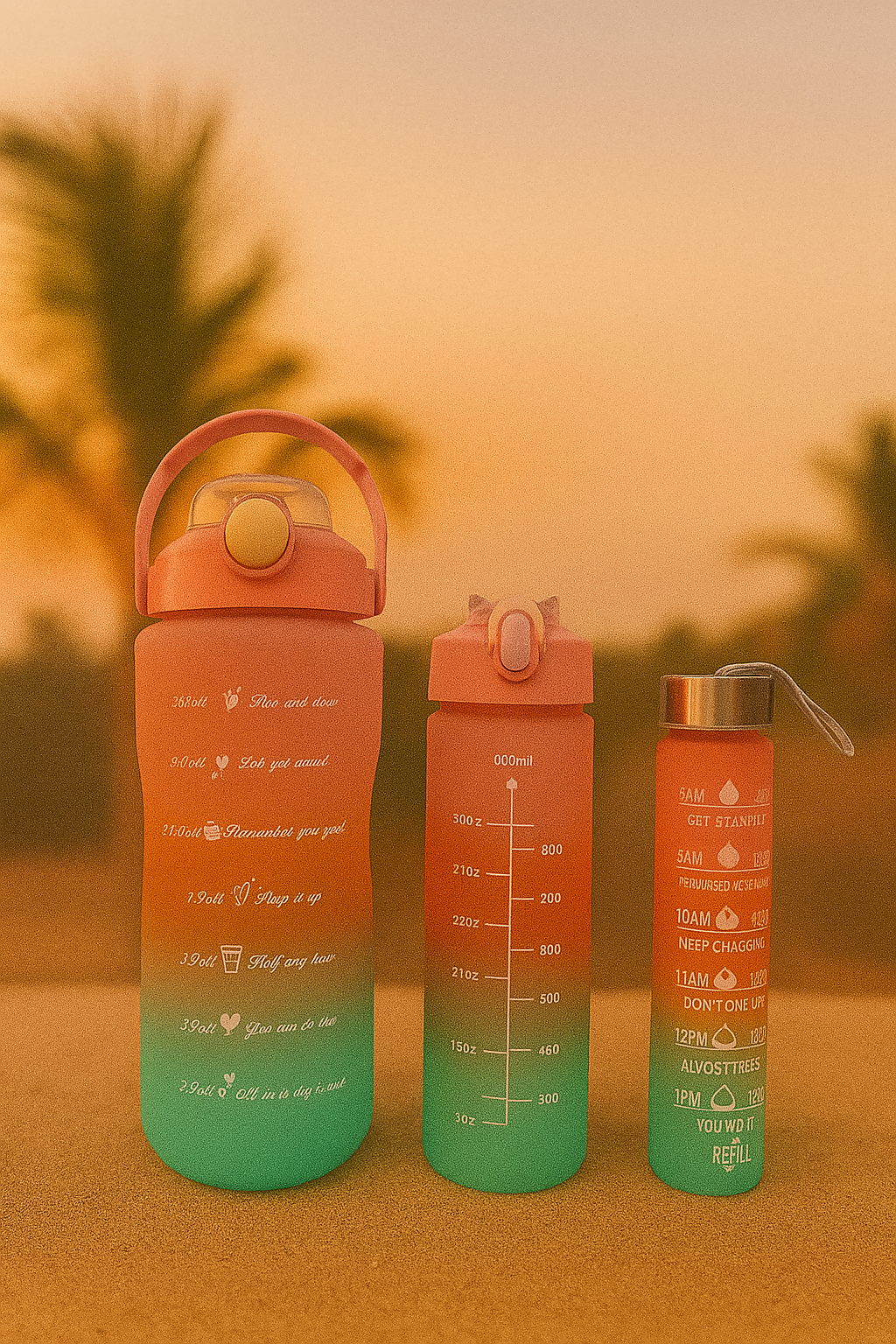 GlowSip Coral Gradient Water Bottle Set – 3-Pack (300ml–1L) with Time Markers & Inspirational Reminders – BPA-Free Leakproof Hydration Bottles