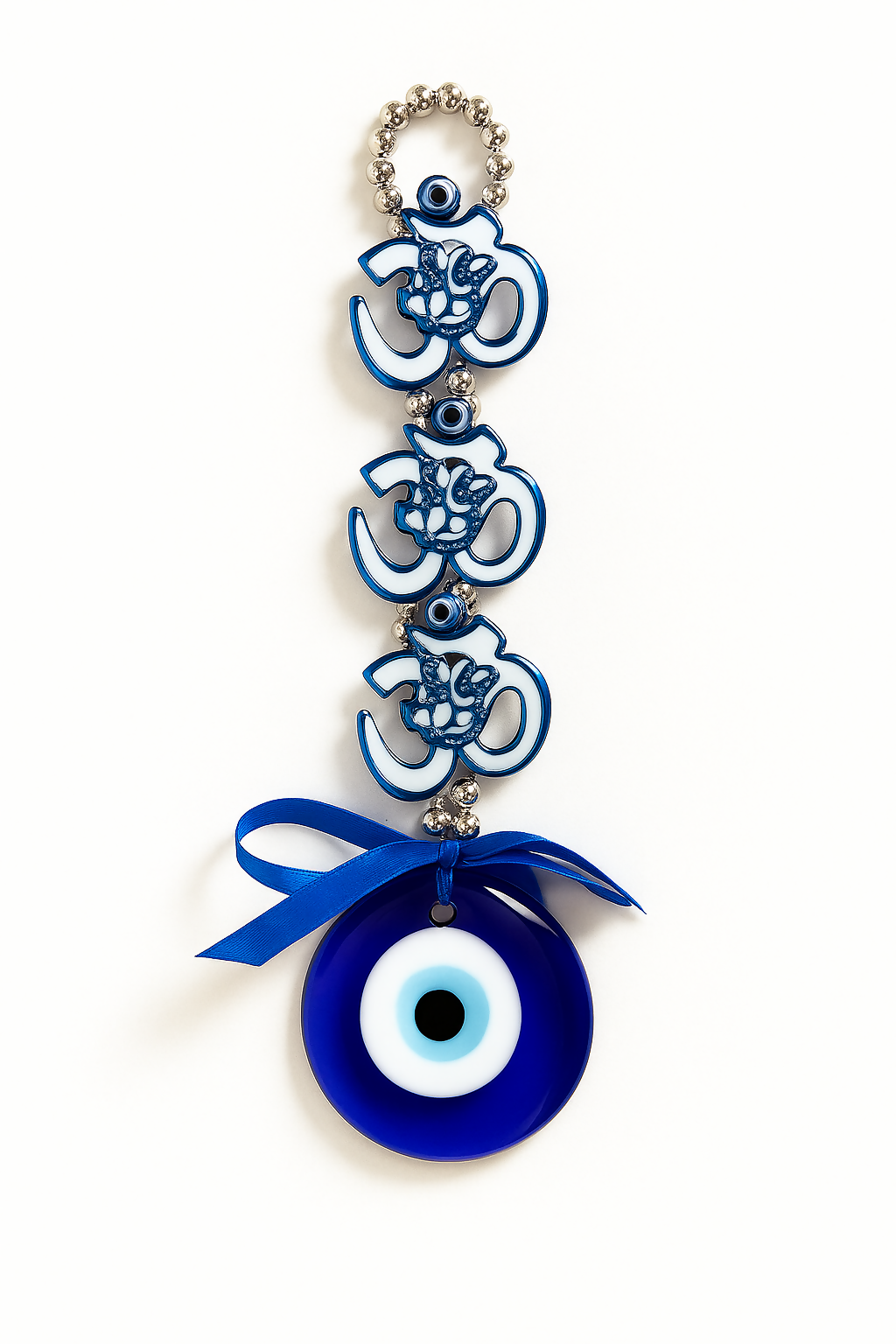 Blue Om Symbol Evil Eye Wall Hanging with Lord Ganesha Design and Satin Ribbon – Spiritual Nazar Battu for Positive Energy, Home & Car Decor, Protection from Evil, and Vastu Correction – Ideal Gift for Housewarming or Festivals