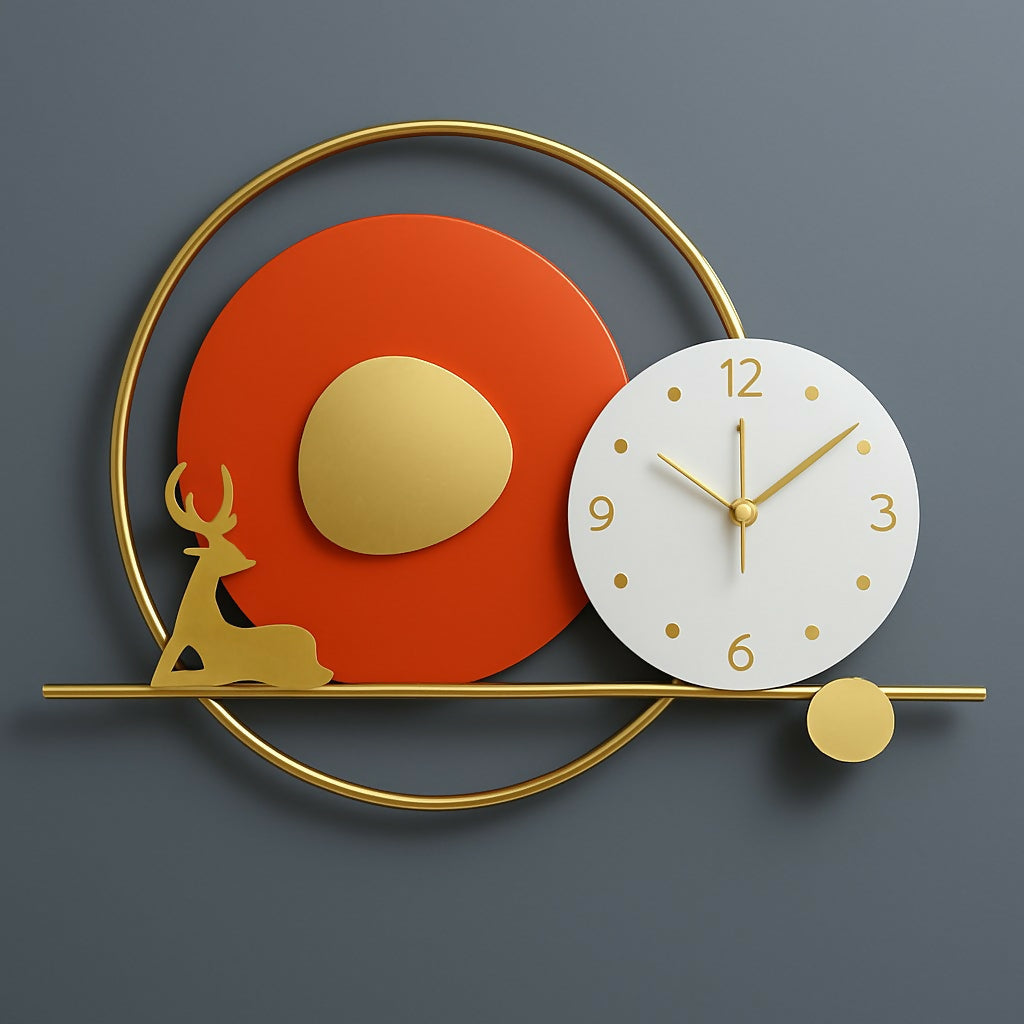 HOME DECOR Luxury Modern Designer Wall Clock with Golden Deer Motif – Abstract Art-Inspired Silent Quartz Clock for Living Room, Hallway, Office & Home Décor – Metal Frame with Red, White & Gold Accents