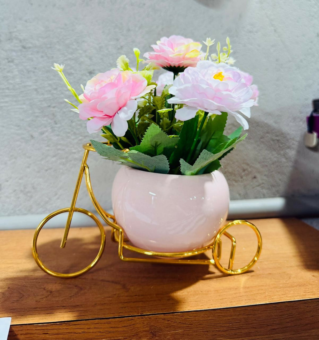Artificial Pink Rose Flower Arrangement in Glossy Light Pink Ceramic Pot with Golden Bicycle Stand – Elegant Decorative Table Centerpiece for Home, Office, and Gifting