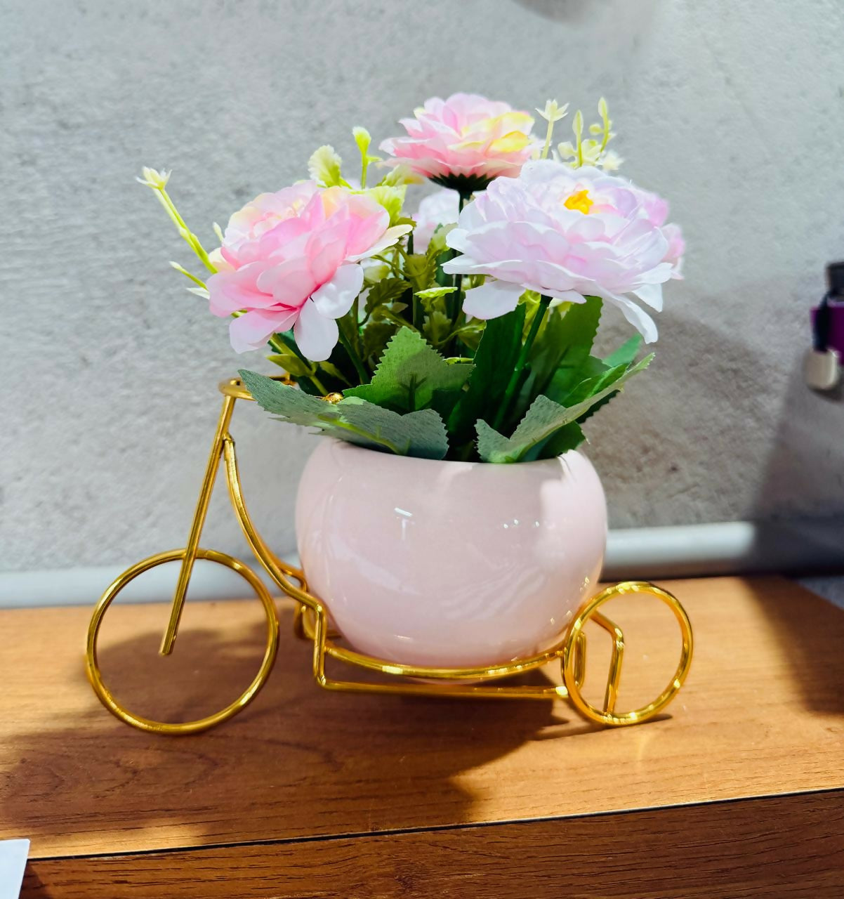 Artificial Pink Rose Flower Arrangement in Glossy Light Pink Ceramic Pot with Golden Bicycle Stand – Elegant Decorative Table Centerpiece for Home, Office, and Gifting