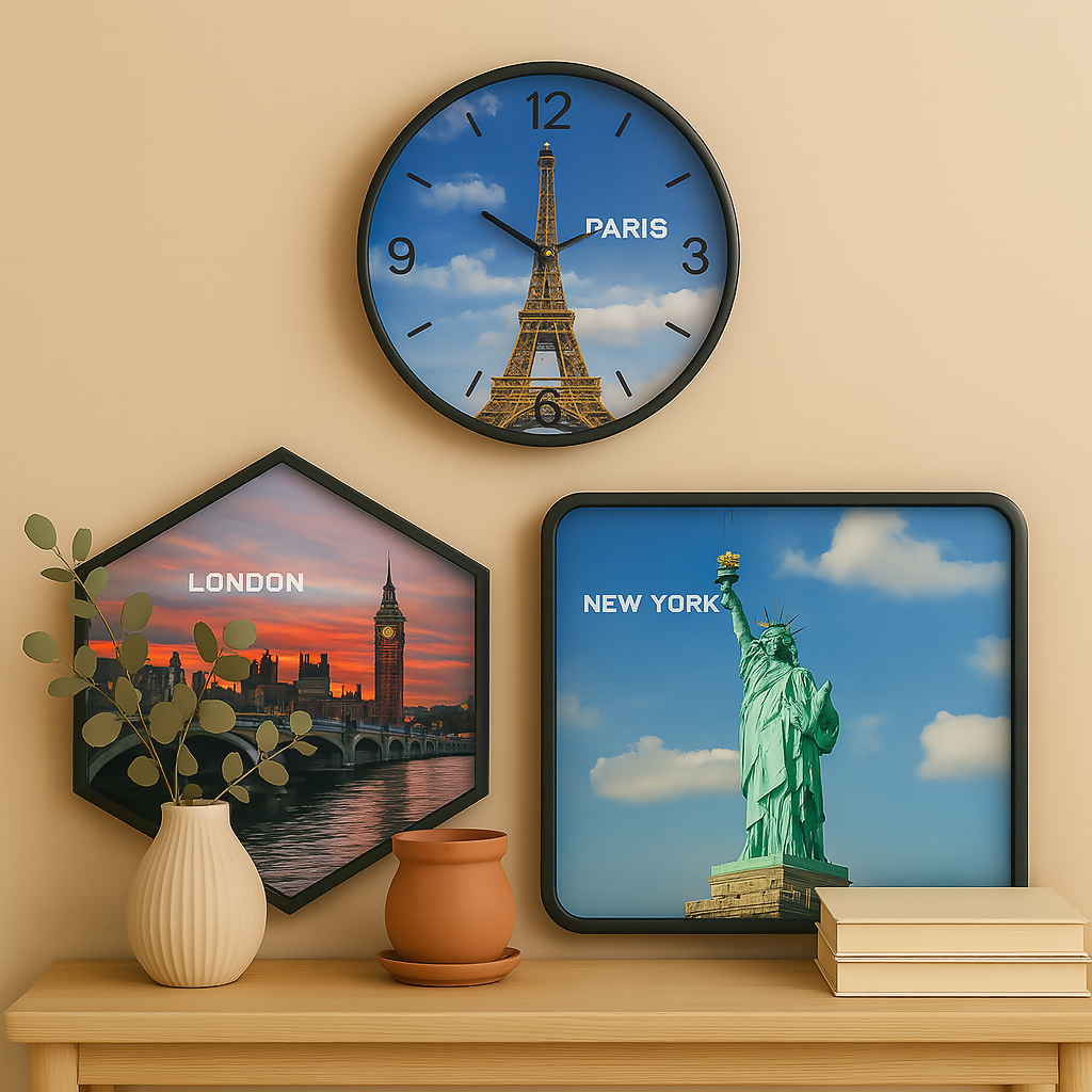 HOME DECOR 3-Piece World Landmark Wall Decor Set with Silent Paris Clock | Eiffel Tower, Big Ben, and Statue of Liberty Art Prints – Modern Travel-Themed Wall Art for Home, Office, Living Room & Study