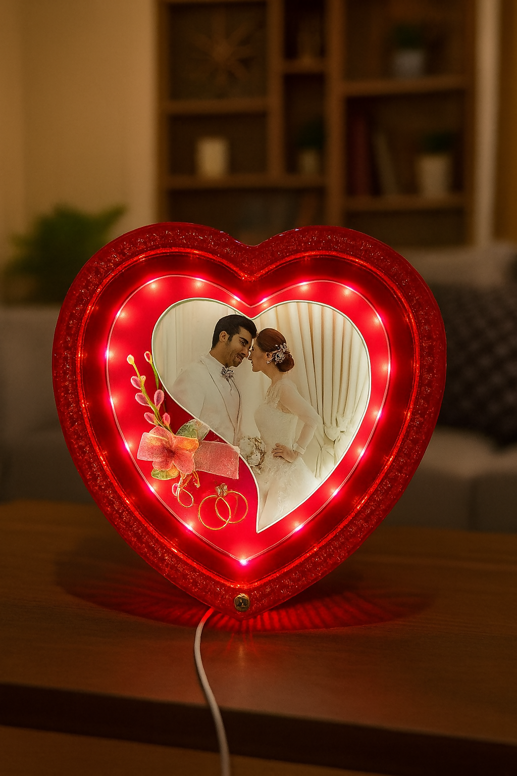 Heart-Shaped LED Wedding Photo Frame | Glowing Red Decorative Picture Frame with Floral Design & Rings | 4x6 Inch Couple Photo Frame | Romantic Gift for Anniversary, Valentine’s Day, Wedding & Home Décor