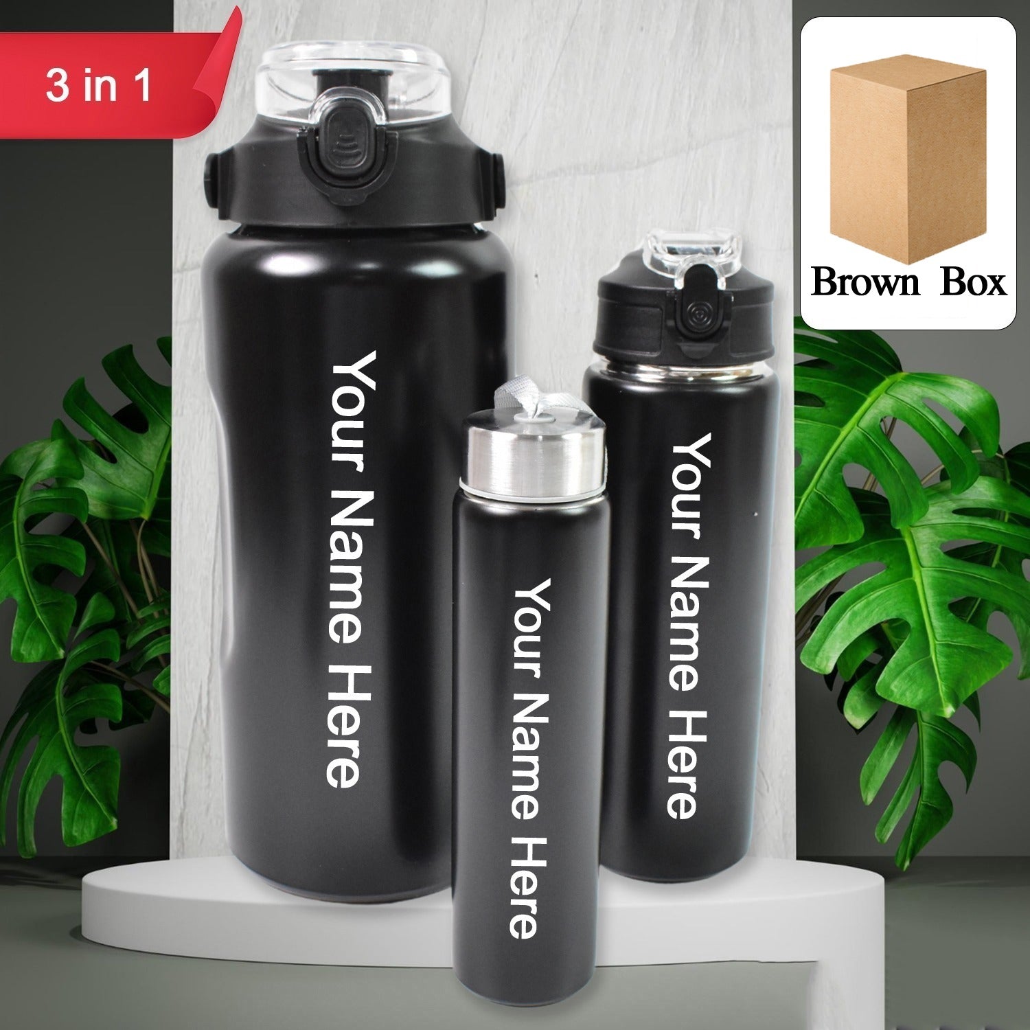 Customized / Personalized 3 In 1 Stainless Steel Insulated Water Bottle, Double Wall Vacuum (3 Pcs Set / Different Size)