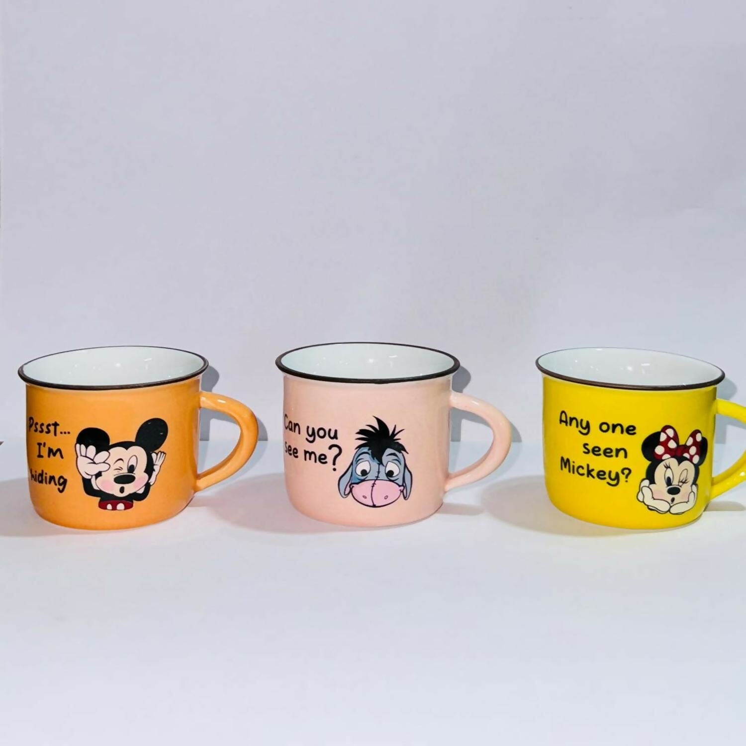 Set of 6 Colorful Cartoon Printed Ceramic Coffee Mugs in Gift Box | Cute Mini Tea Cups with Funny Quotes | Multicolor Designer Cup Set for Tea, Coffee, Milk & Gifting | Kids & Adults Use