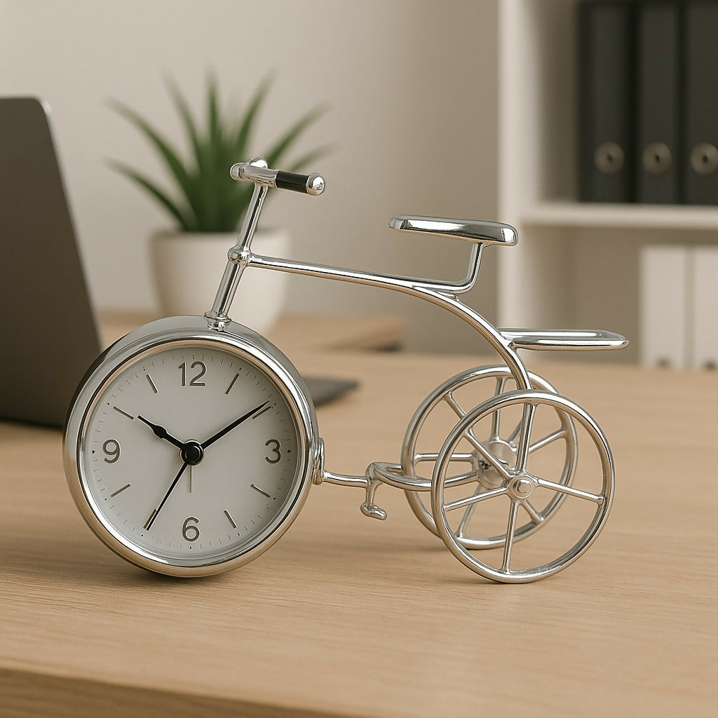 HOME DECOR Vintage Bicycle Shape Table Clock – Retro Style Metal Analog Desk Clock with Silver Finish for Living Room, Office, and Home Decor – Unique Gift for Men, Women, and Bike Lovers