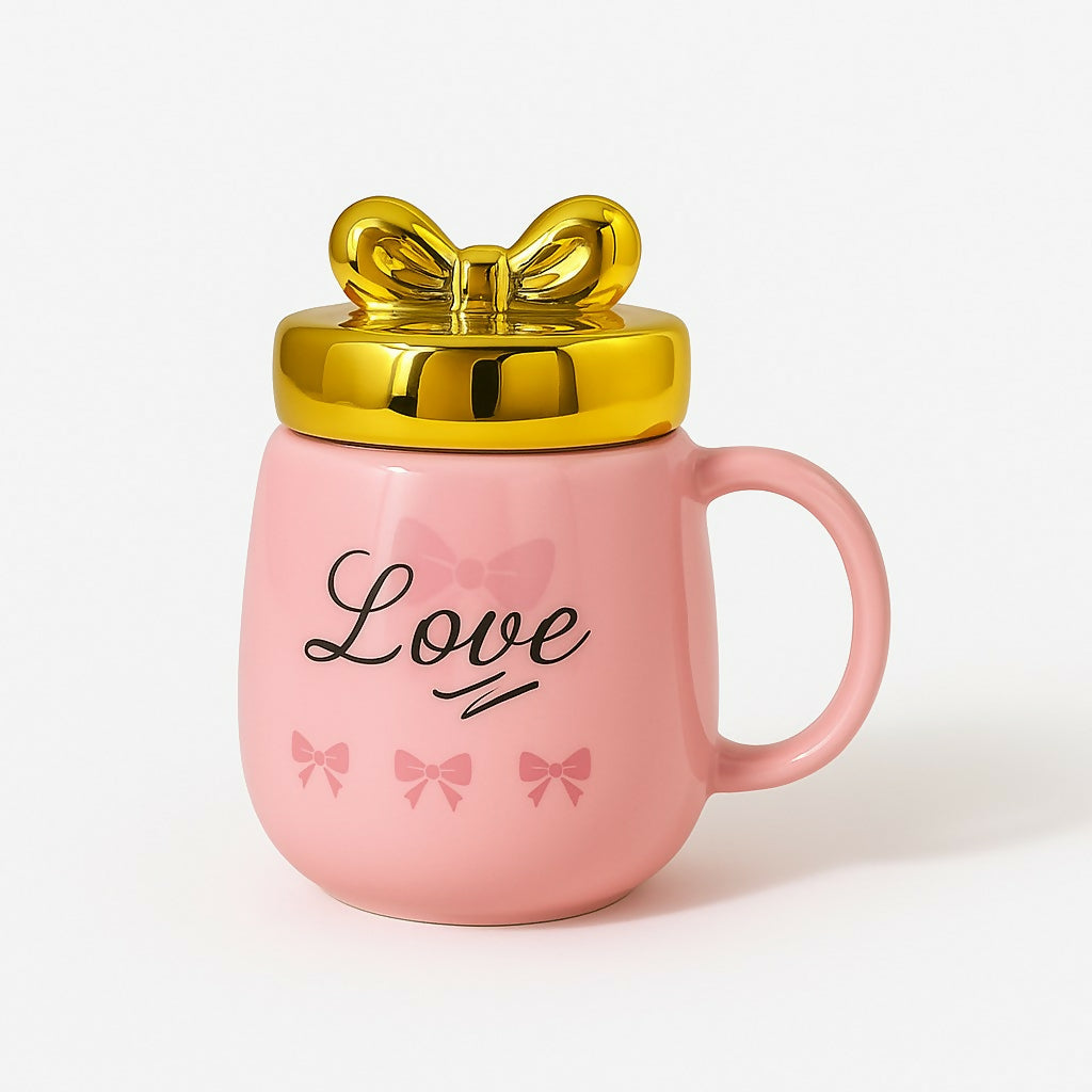 Cute Pink Ceramic Mug with Golden Lid and Bow – “Love” Printed Coffee Mug for Girls – Luxury Gift Tea Cup with Handle and Decorative Ribbon Print – Ideal for Birthday, Valentine & Special Gifting