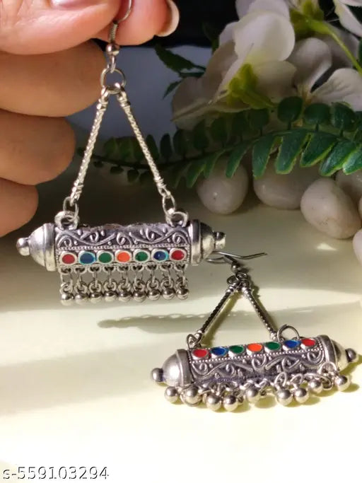 Oxidised Silverplated Long Jumka style Erring With Multicolored Stones