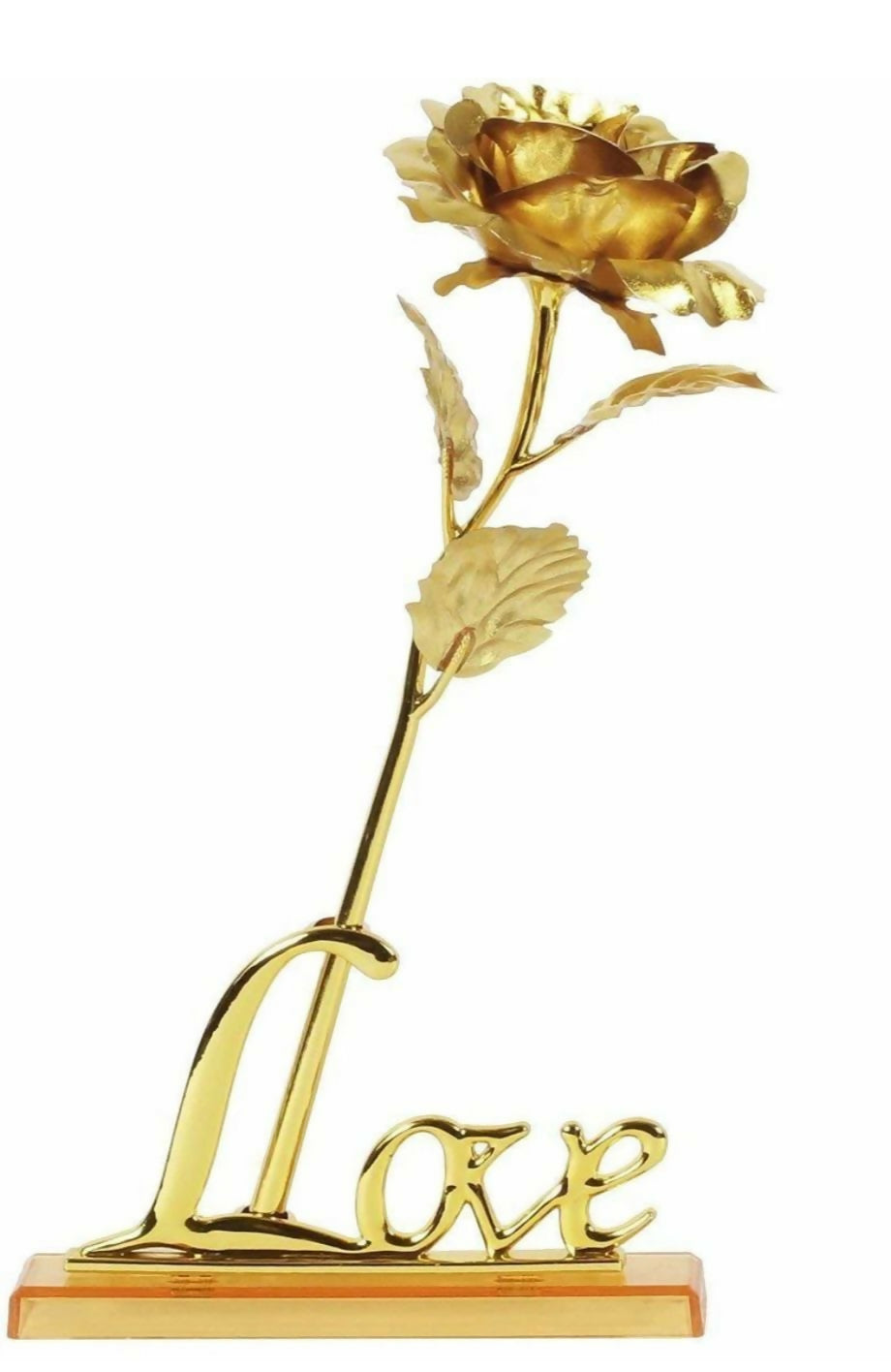 Luxury Golden Metal Rose with “Love” Stand – Elegant Decorative Flower Figurine for Romantic Gifts, Anniversary, Valentine’s Day, Home Decor, and Table Centerpiece – Gold Plated Artificial Rose Showpiece
