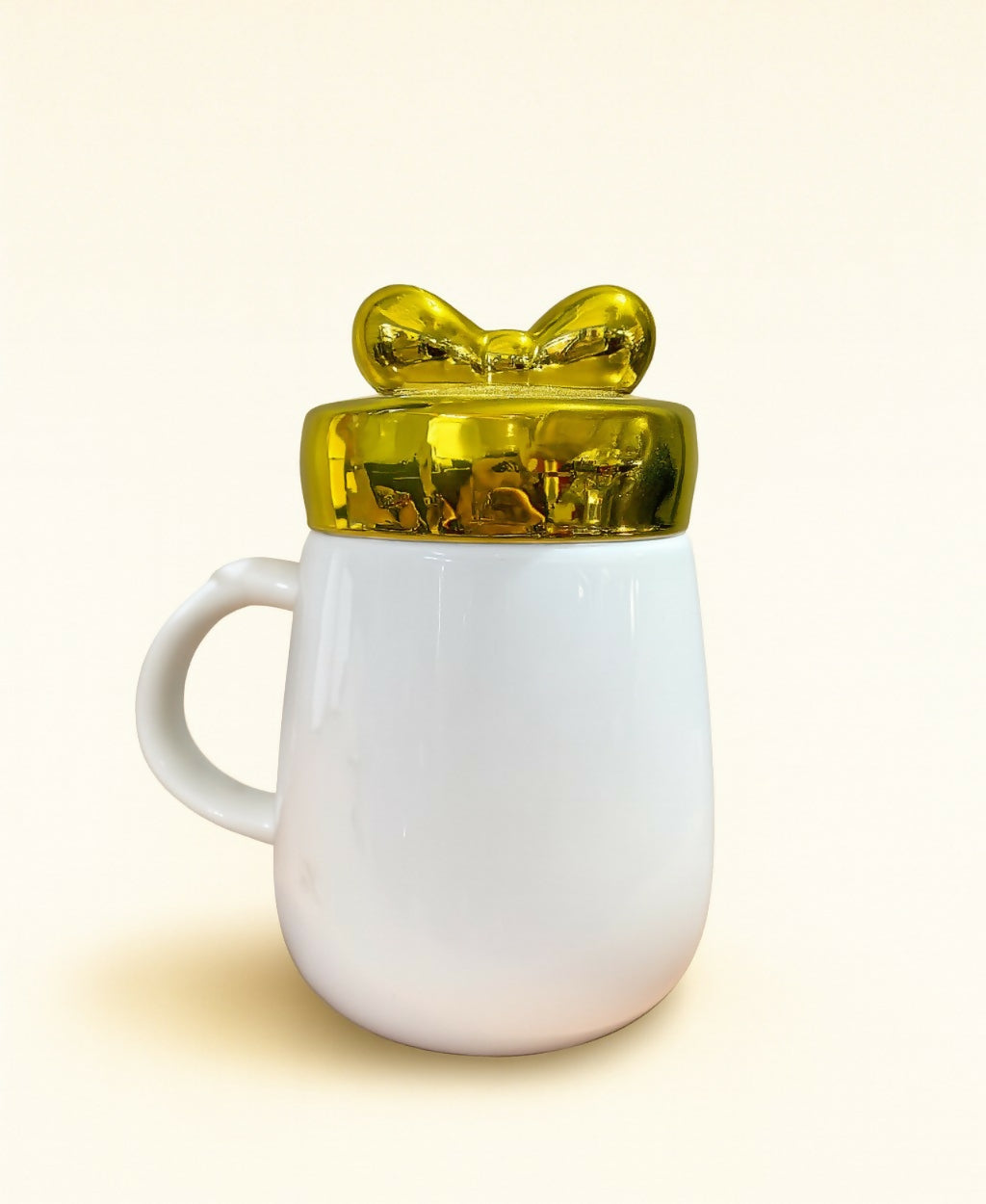 Sweet Ms. Ceramic Mug with Golden Bow Lid – White Coffee & Tea Cup with Yellow Ribbon Print – Cute Gift Mug for Girls, Women, Friends – “All You Need is Love” Printed Cup