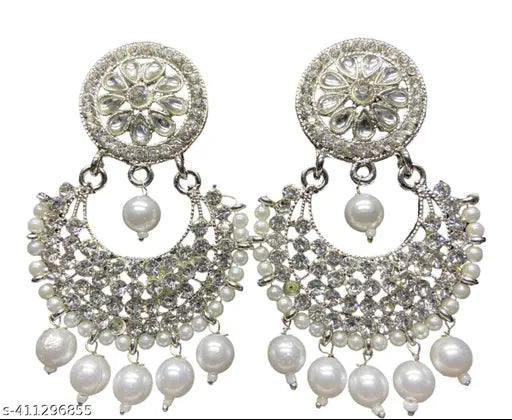 Silver Plated Kundan Stones Long Earrings For Women and Girls