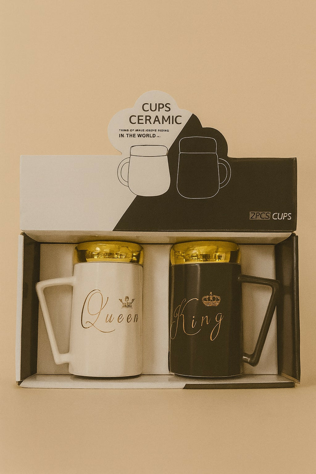 Elegant King & Queen Ceramic Mug Set with Golden Lids – Black & White Couple Coffee Mugs with Crown Print, Stylish Handle Design – Gift for Husband Wife, Anniversary, Wedding, Engagement, Valentine’s Day & Birthday (2 Pieces)