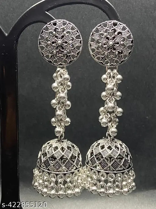 Oxidised Silver Plated Brass Long Jhumka Earring with Pearl Work for Women & Girls