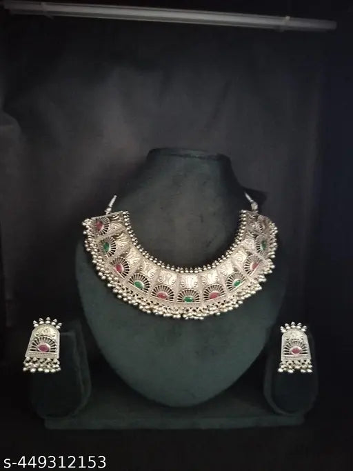 Oxidised Necklace Earring ChokarSet With Red And Green Stone