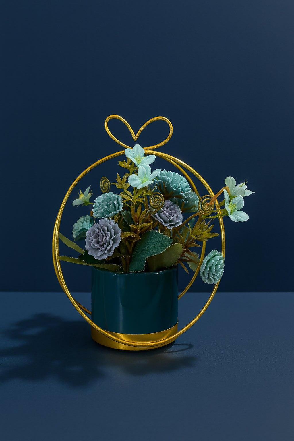 Golden Triangle Frame Flower Stand with Artificial Peach & Pink Blooms in Glossy Dark Green Pot – Elegant Tabletop Floral Arrangement for Home, Office & Gift Décor