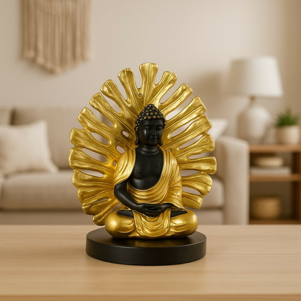 HOME DECOR Black and Gold Meditating Buddha Idol with Decorative Backdrop – Resin Buddha Statue for Home Decor, Positivity & Spiritual Gifting – Elegant Sitting Buddha Showpiece for Living Room, Office & Mandir
