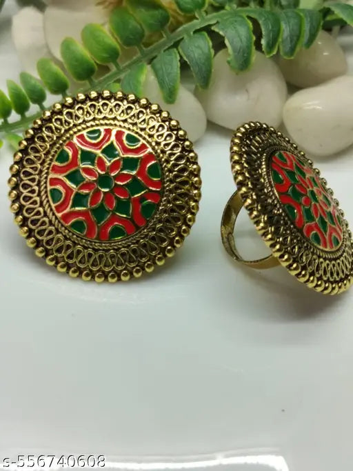 Goldplaated Oxidised Adjustable Big Finger Ring With Red and Green work