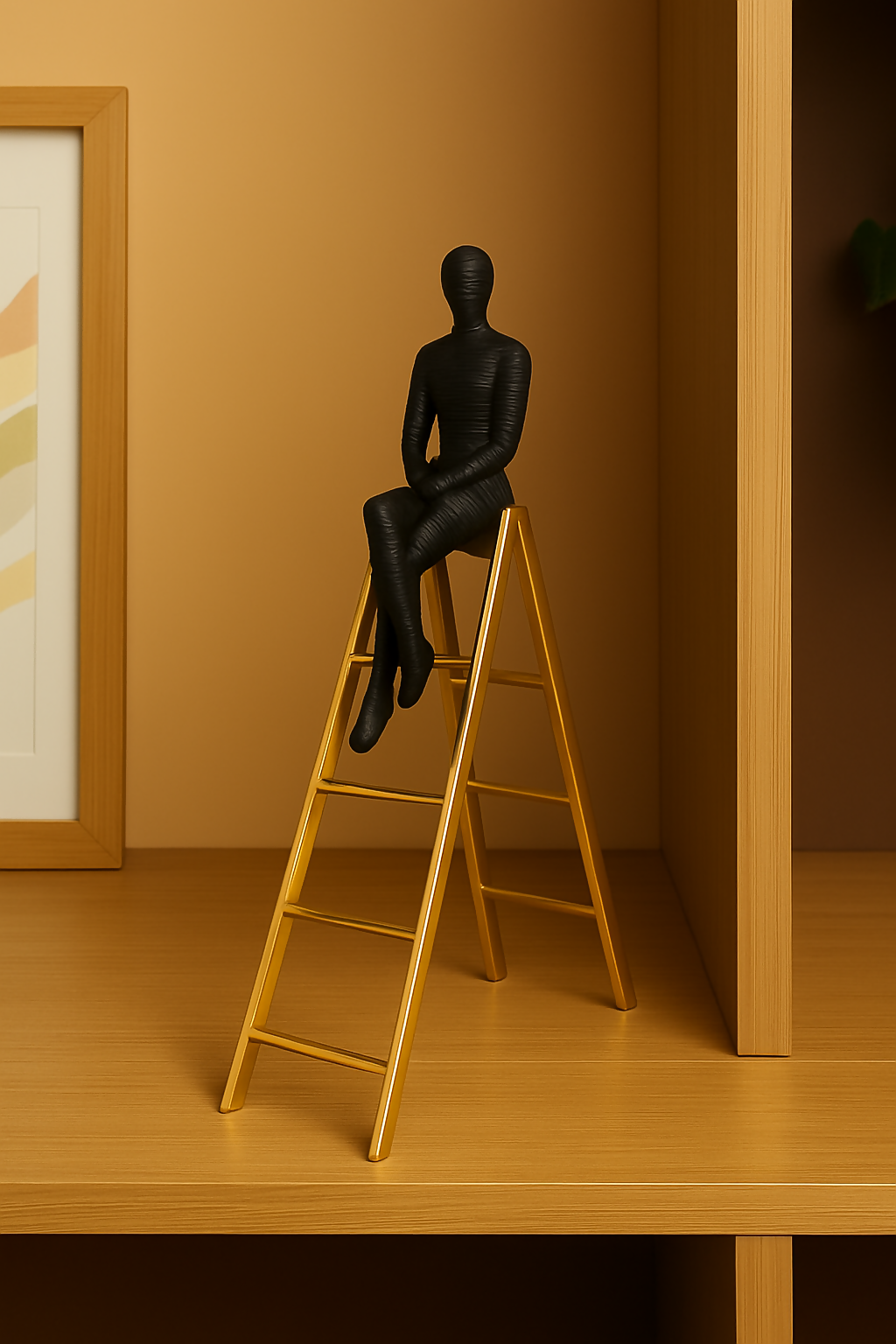HOME DECOR Modern Abstract Black Human Figurine Sitting on Golden Ladder | Resin Decorative Showpiece for Home, Office, Bookshelf, or Table – Minimalist Thoughtful Art Sculpture