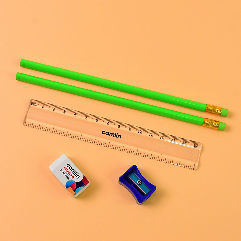 Camlin Writing Kit – Includes 2 Pencils, Eraser, Sharpener, and Ruler
