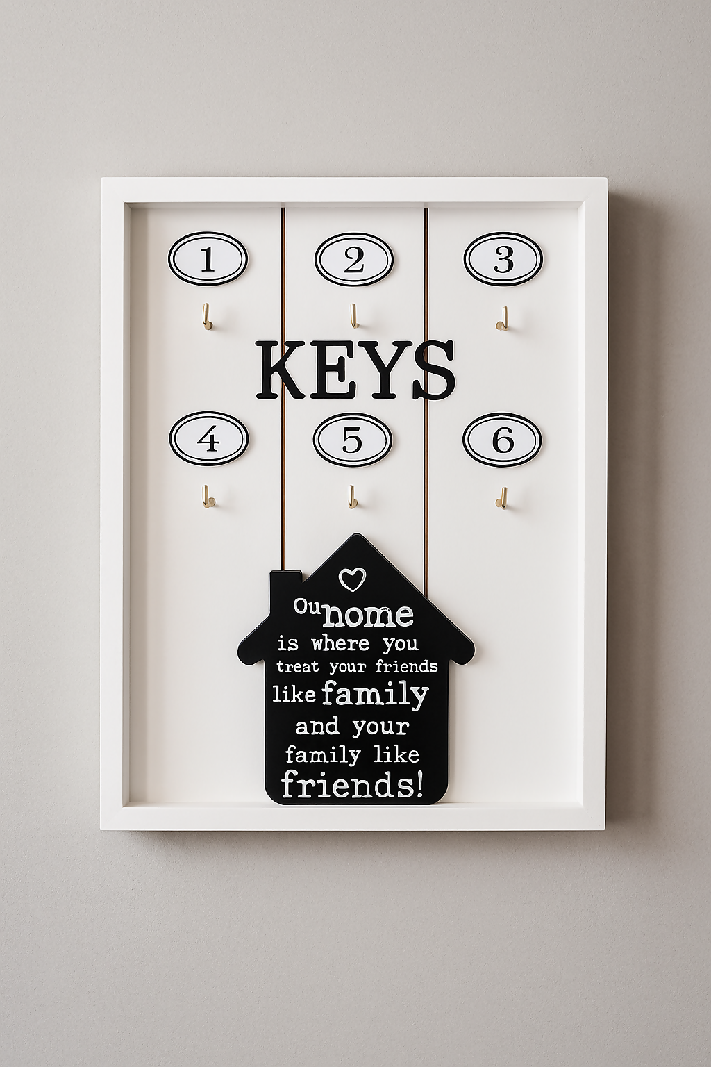 Wooden Key Holder keystand Frame with 6 Numbered Hooks and Inspirational Quote – Decorative Entryway Organizer for Keys, Family Message Board, and Home Wall Décor