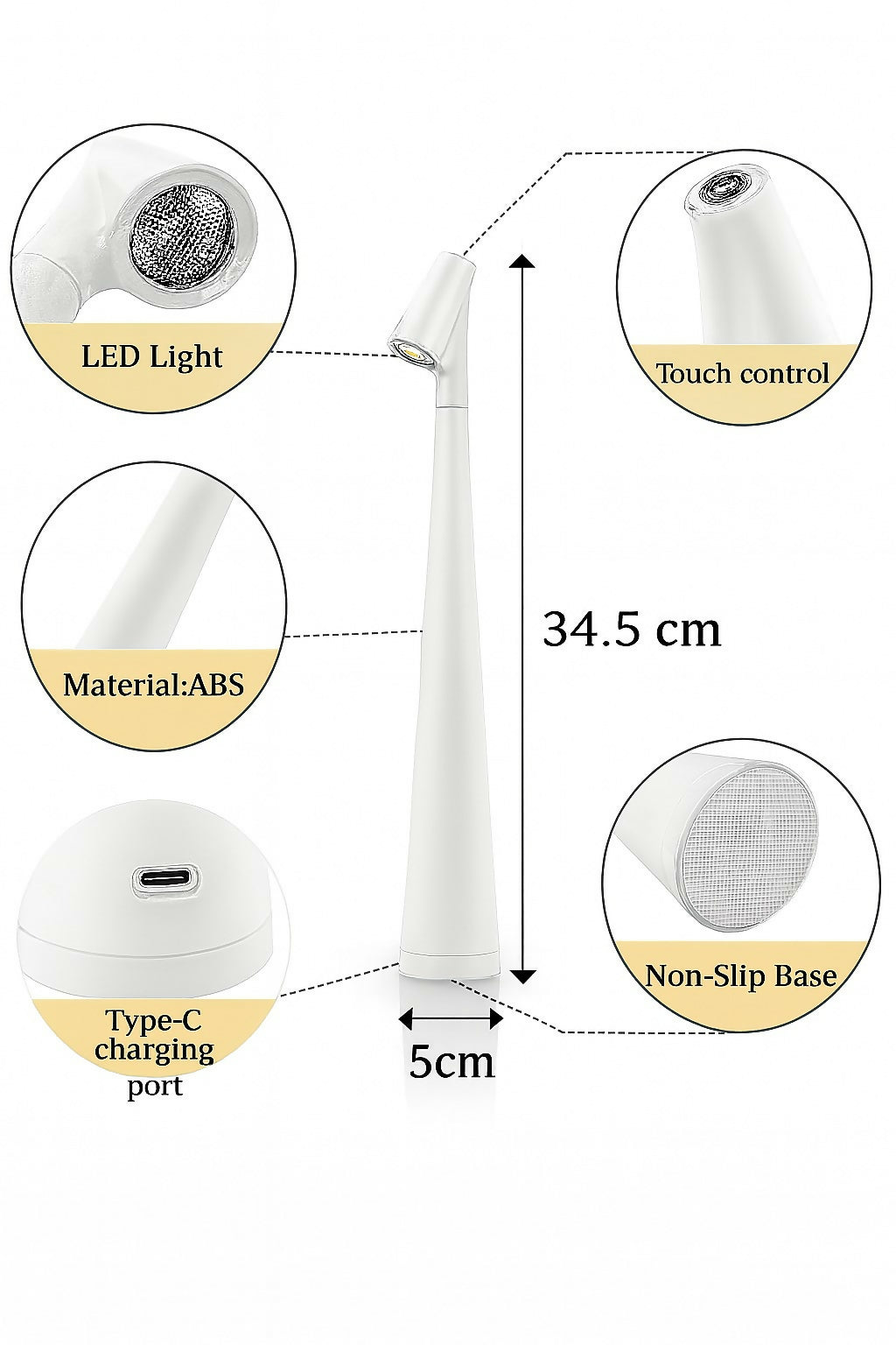 Rechargeable LED Desk Lamp with Touch Control | 34.5cm Tall Modern ABS Table Lamp with Type-C Charging, Non-Slip Base, and Adjustable Light – Minimalist White Study Light for Home Office Reading