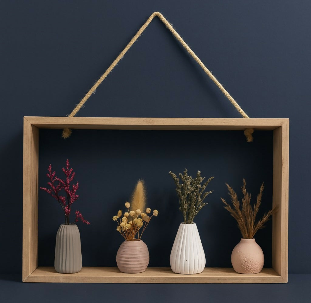 Rustic Wooden Frame Mini Vase Set with Dried Flowers – 4 Ceramic Vases in Pastel Colors for Home Décor, Table Centerpiece, Shelf Display & Gift Decoration