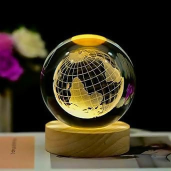 Illuminated 3D Crystal Globe LED Night Lamp with Wooden Base – Engraved Earth Map Decorative Light for Desk, Office, or Bedroom – Elegant Geographical Gift for Space Lovers, Explorers, and Travel Enthusiasts