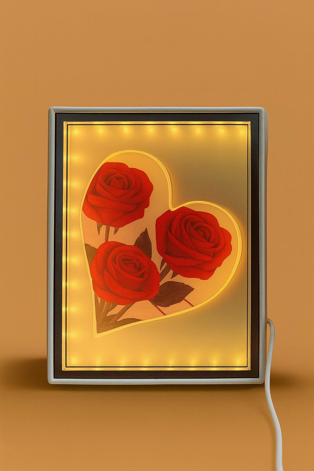 LED Rectangle Photo Frame with Heart and Red Roses Design | Romantic Decorative Light Frame for Bedroom, Living Room | Wedding, Anniversary, Valentine’s Day & Gifting