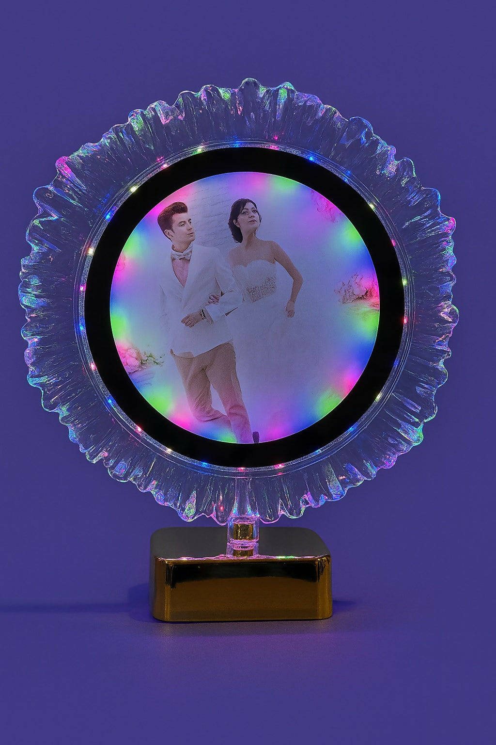 Personalized Round LED Crystal Photo Frame with Golden Base | Glowing Multi-Color Light Wedding Anniversary Gift for Couples, Birthday, Valentine’s Day, Home Décor Night Lamp
